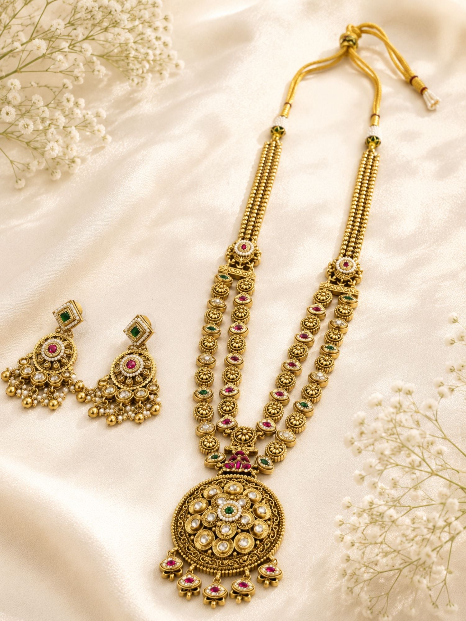 Round Gold Plated Kundan Polki Chorski Long Necklace Set | Abdesigns