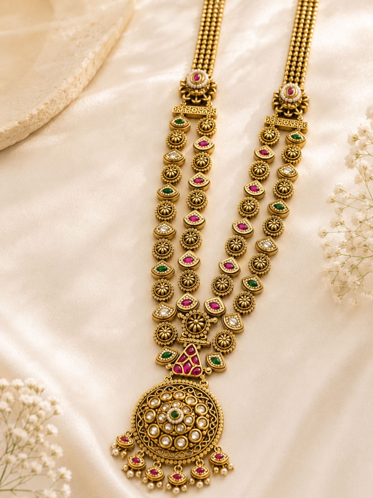 Round Gold Plated Kundan Polki Chorski Long Necklace Set | Abdesigns