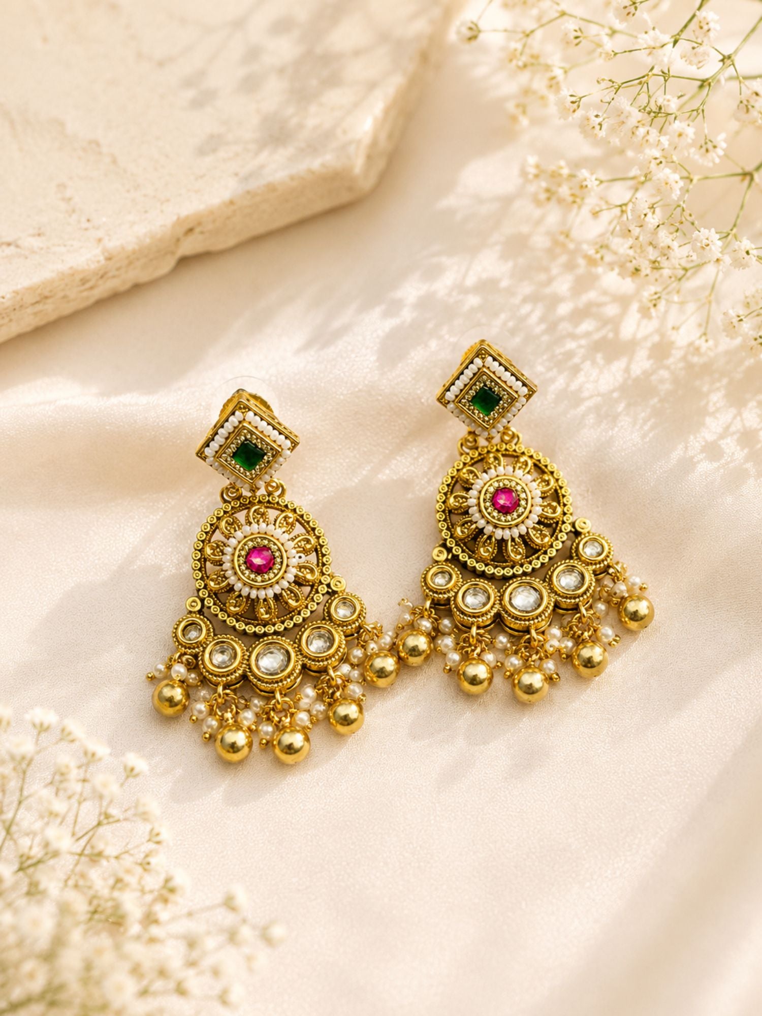 Round Gold Plated Kundan Polki Chorski Long Necklace Set | Abdesigns