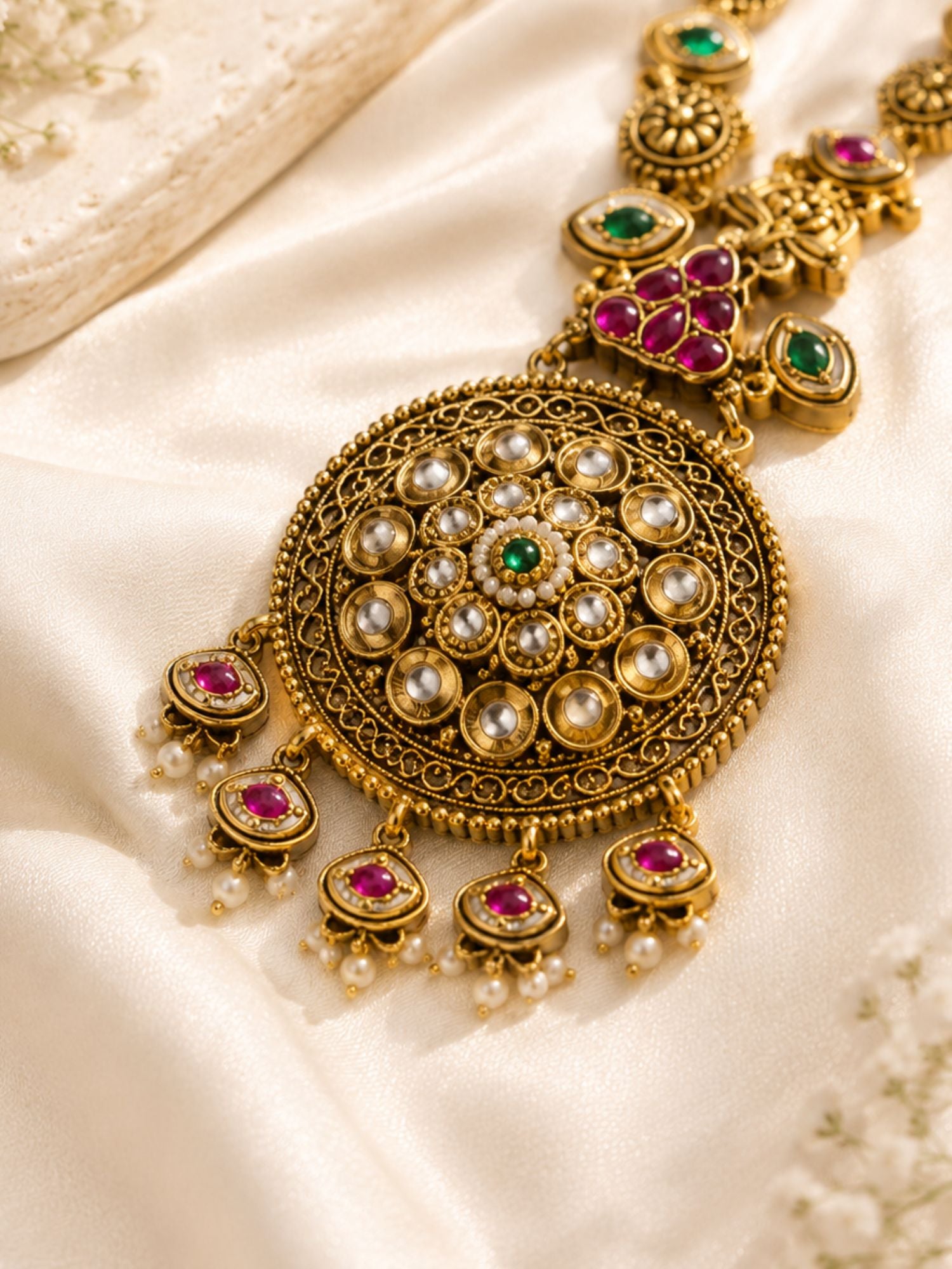 Round Gold Plated Kundan Polki Chorski Long Necklace Set | Abdesigns