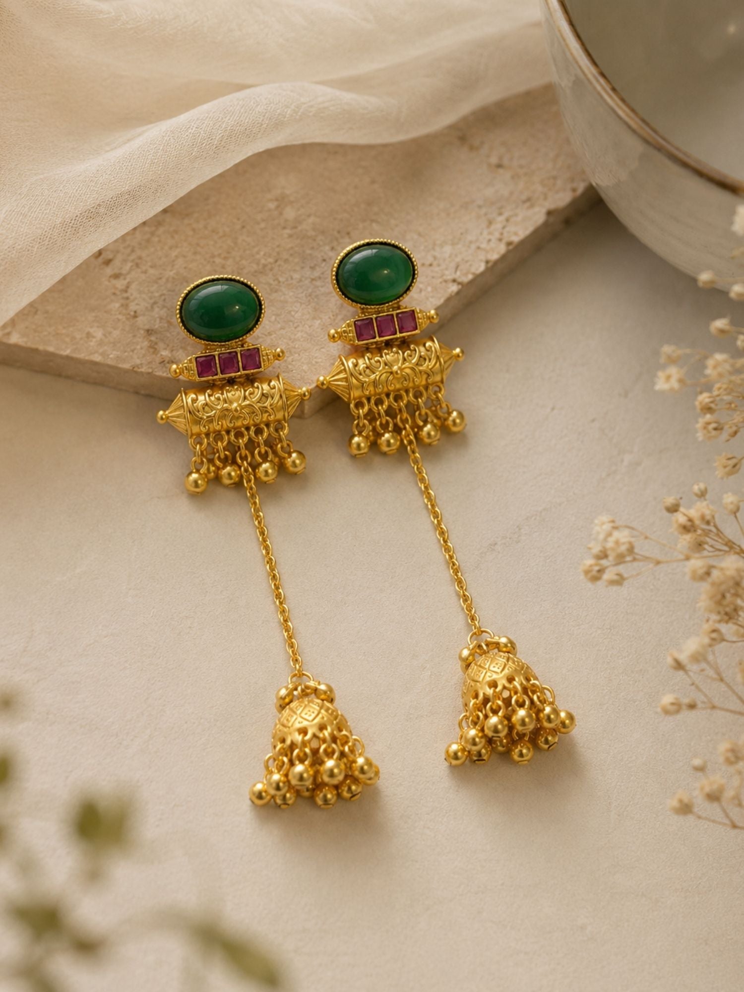 Jhumka Earrings in Gold Plating – Long Chain | Abdesigns