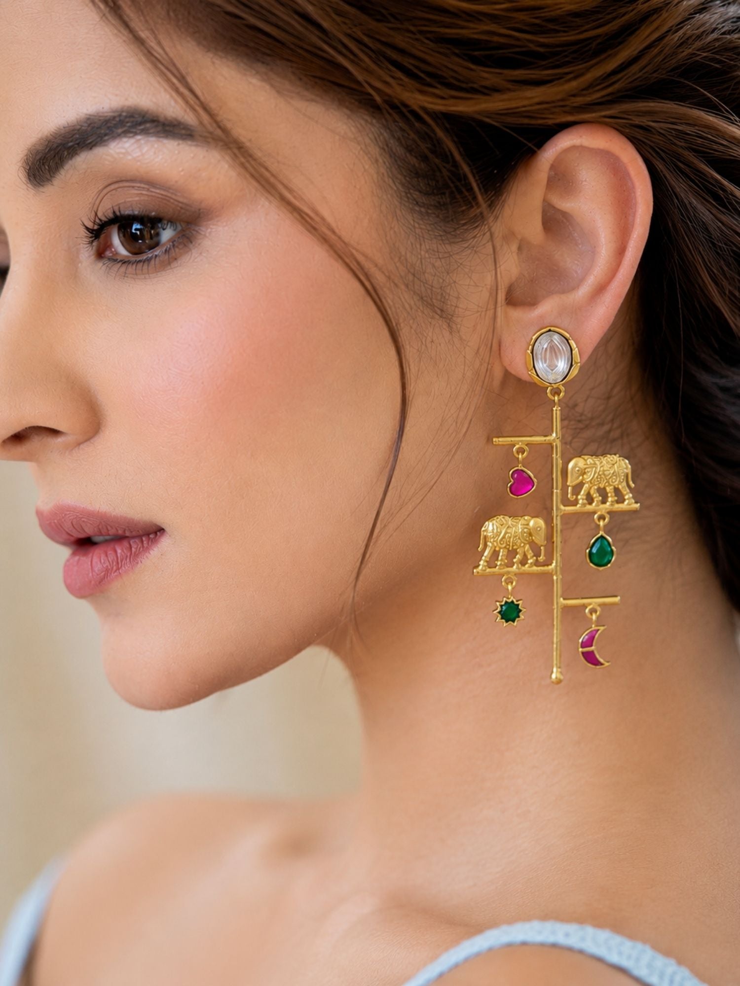 Gold Plated Multicolor Kundan Elephant Charm Long Drop Earrings for Women