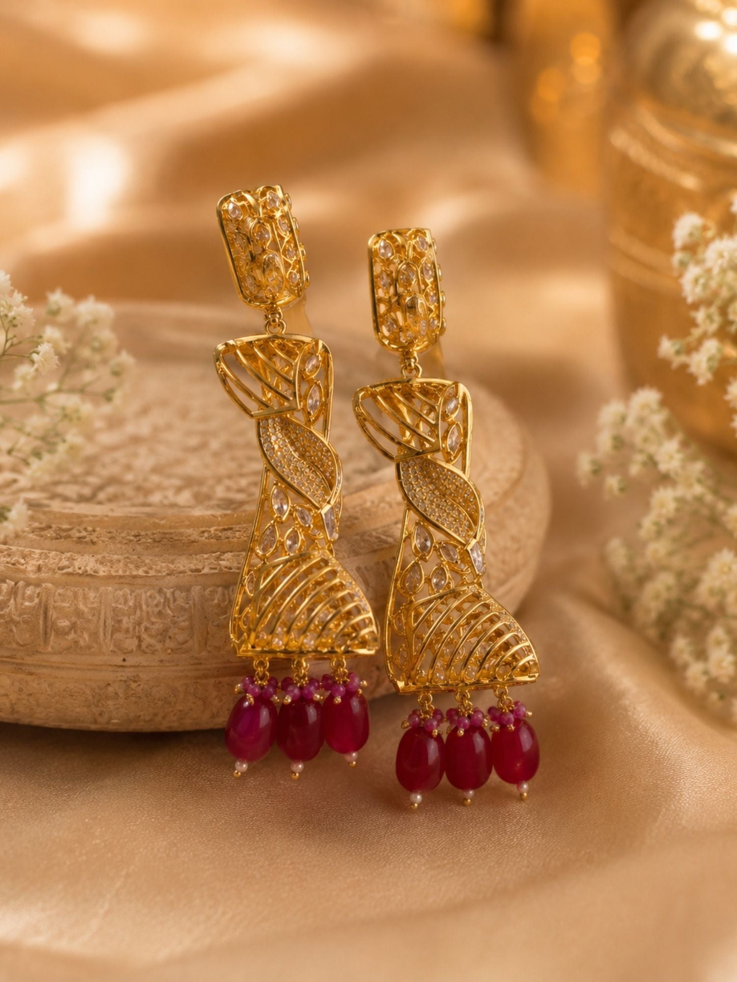 Ruby Kundan Drop Earrings in Gold Finish – Party Wear | Abdesigns Jewellery