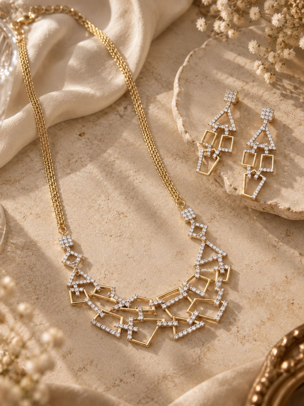 Dual Tone AD Stone Geometric Statement Necklace Set with Earrings
