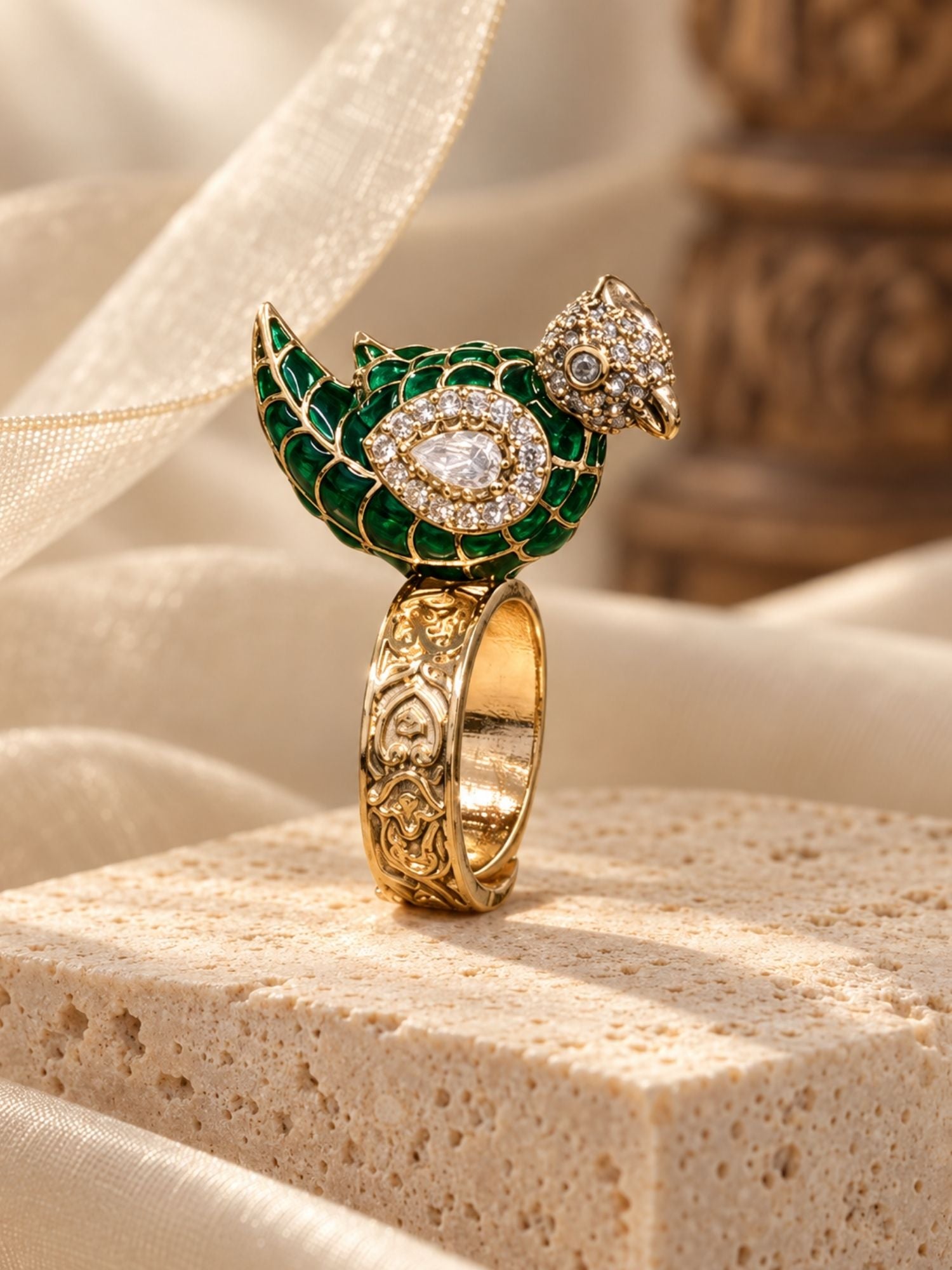 Gold Plated Meenakari Kundan Bird Statement Ring