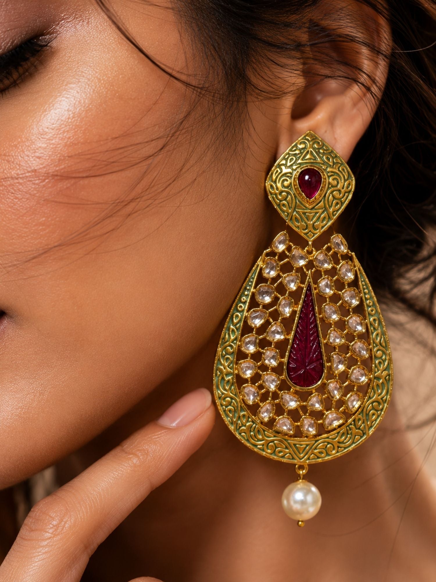 Ruby Green Kundan Statement Earrings – Pearl Drop Ethnic Earrings | Abdesigns Jewellery