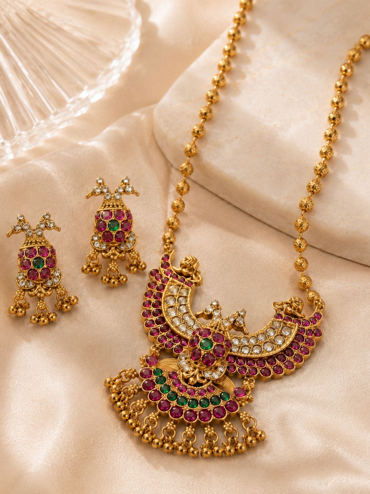 Peacock Temple Kempu Necklace Set in Gold Plating | Abdesigns Jewellery