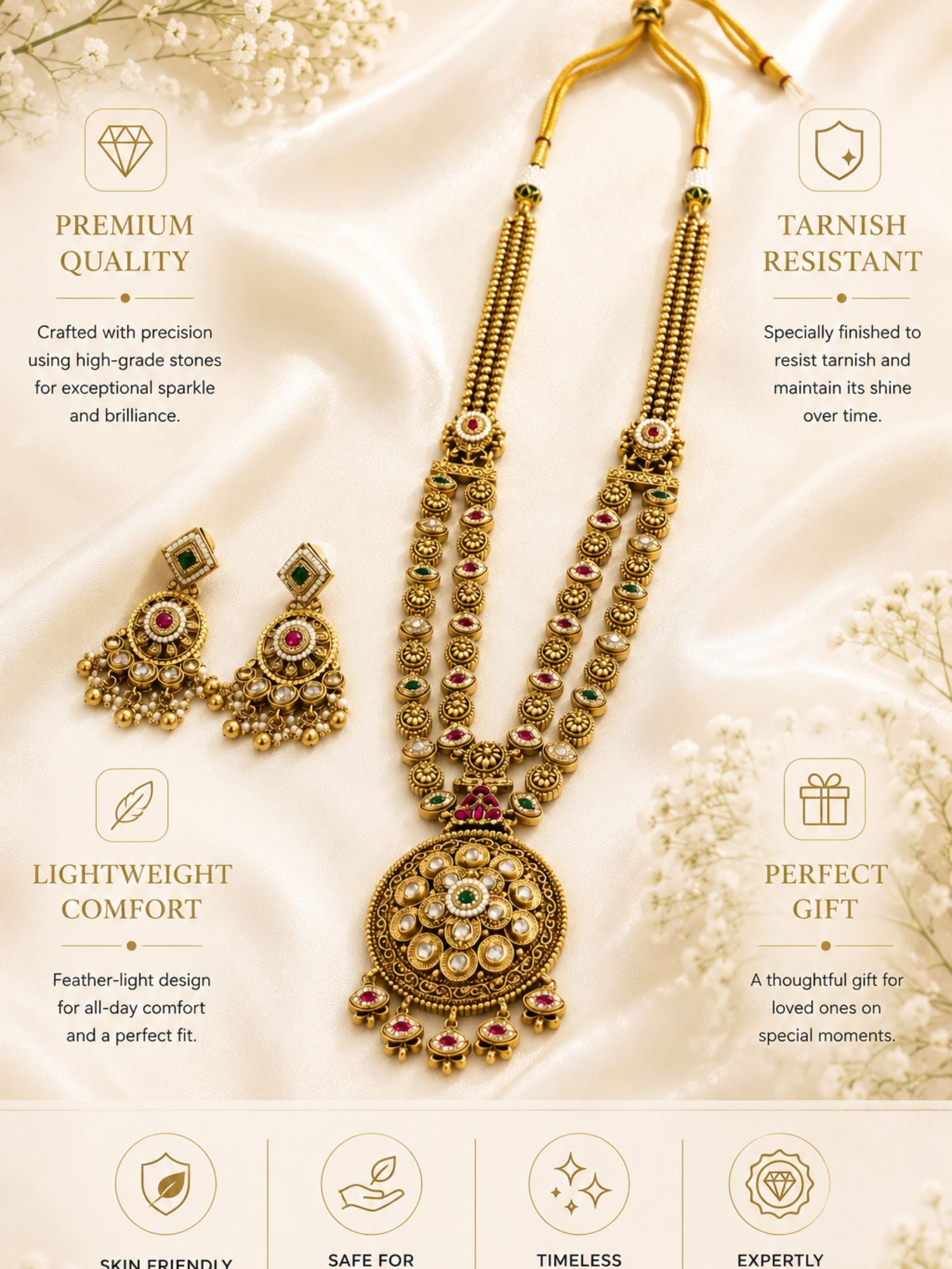 Round Gold Plated Kundan Polki Chorski Long Necklace Set | Abdesigns