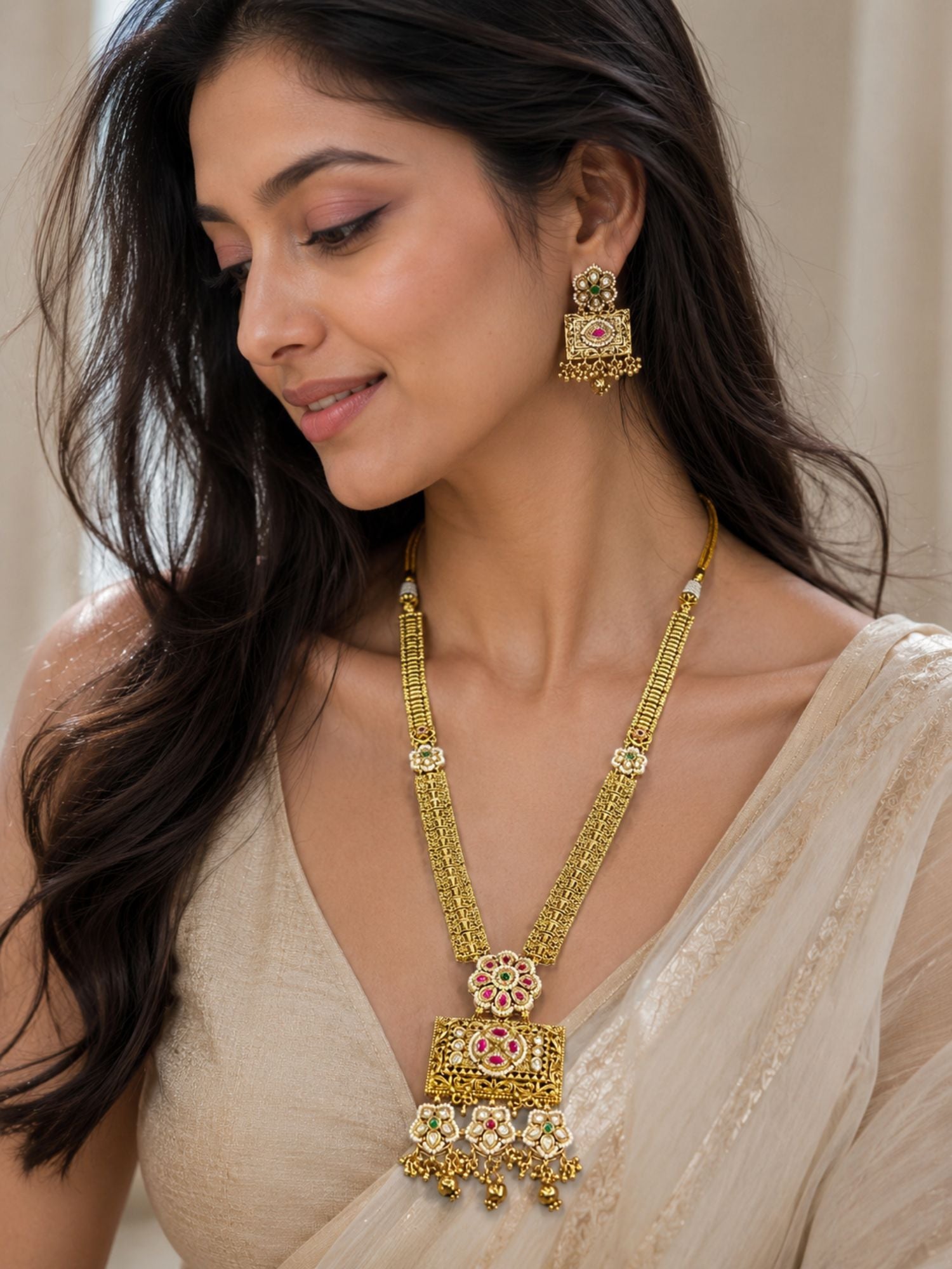 Antique Gold Ahmedabadi Polki Long Flower Necklace Set | Abdesigns