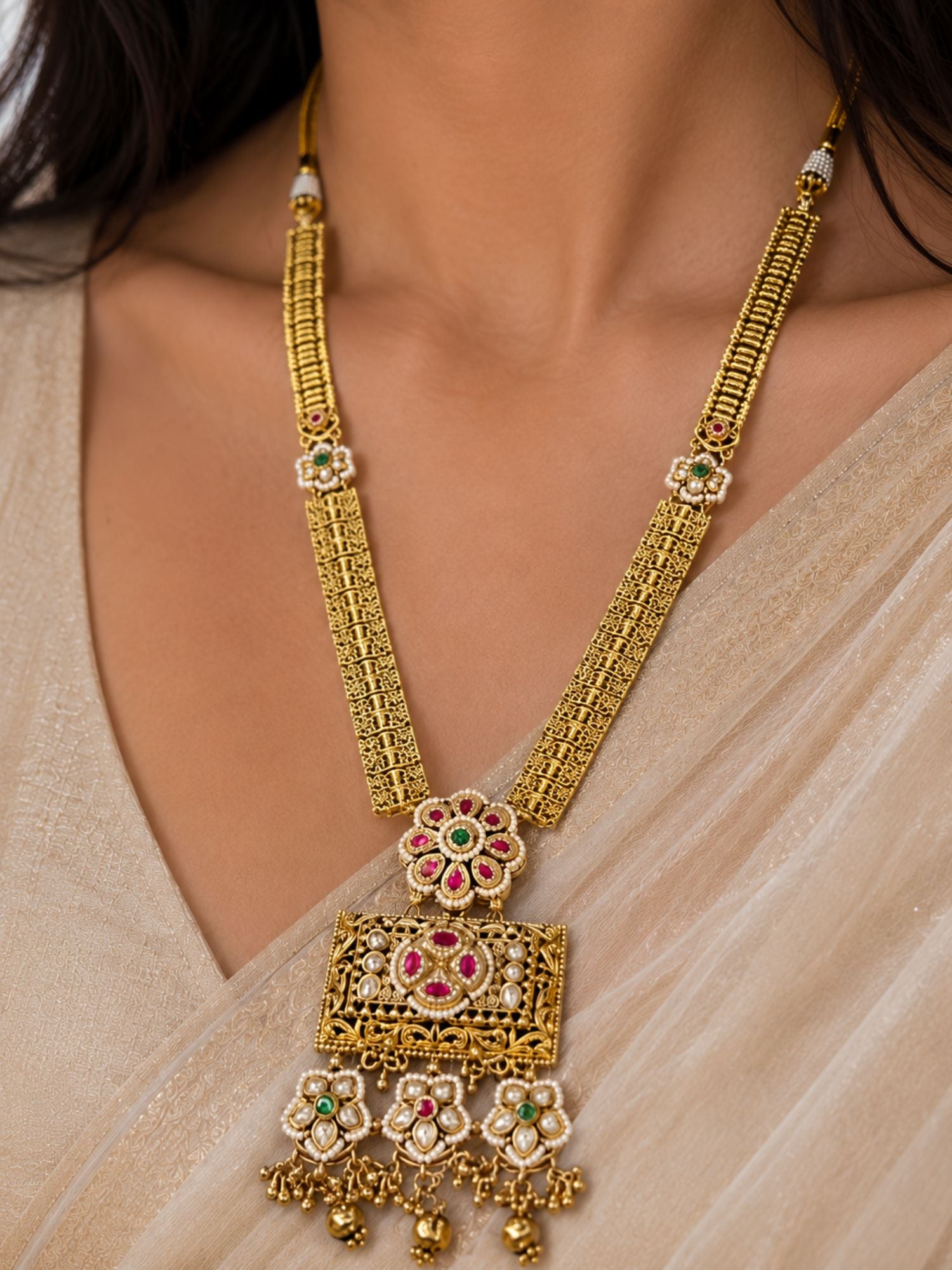 Antique Gold Ahmedabadi Polki Long Flower Necklace Set | Abdesigns