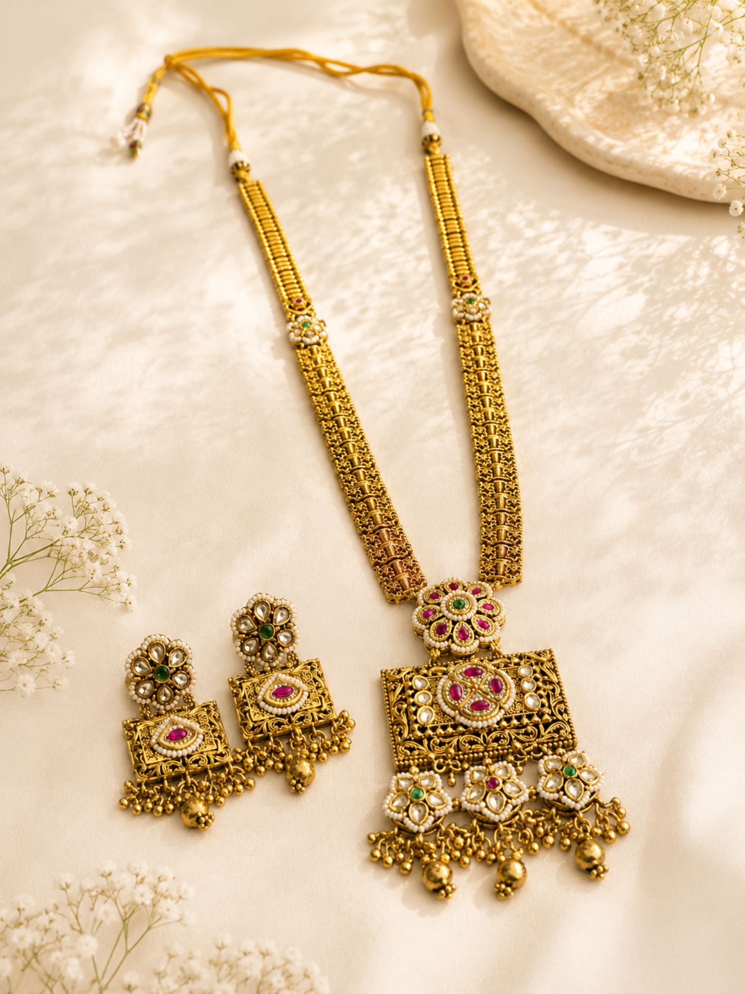 Antique Gold Ahmedabadi Polki Long Flower Necklace Set | Abdesigns