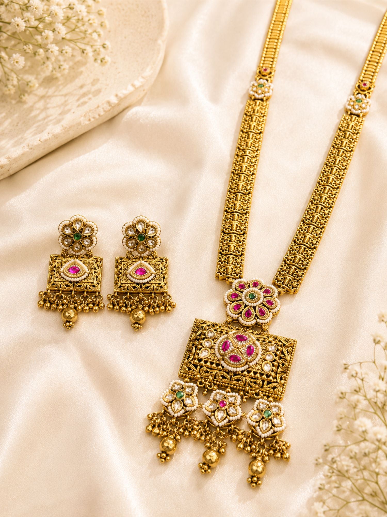 Antique Gold Ahmedabadi Polki Long Flower Necklace Set | Abdesigns