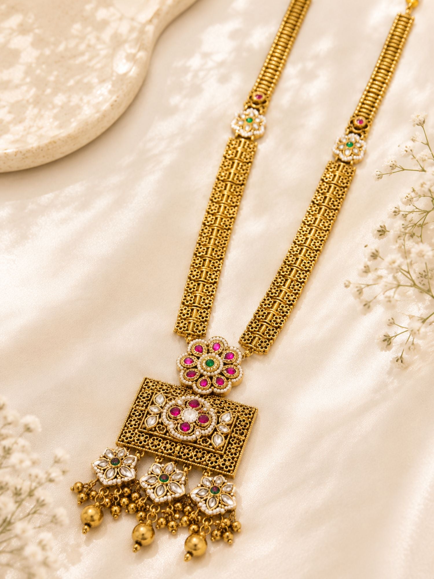 Antique Gold Ahmedabadi Polki Long Flower Necklace Set | Abdesigns