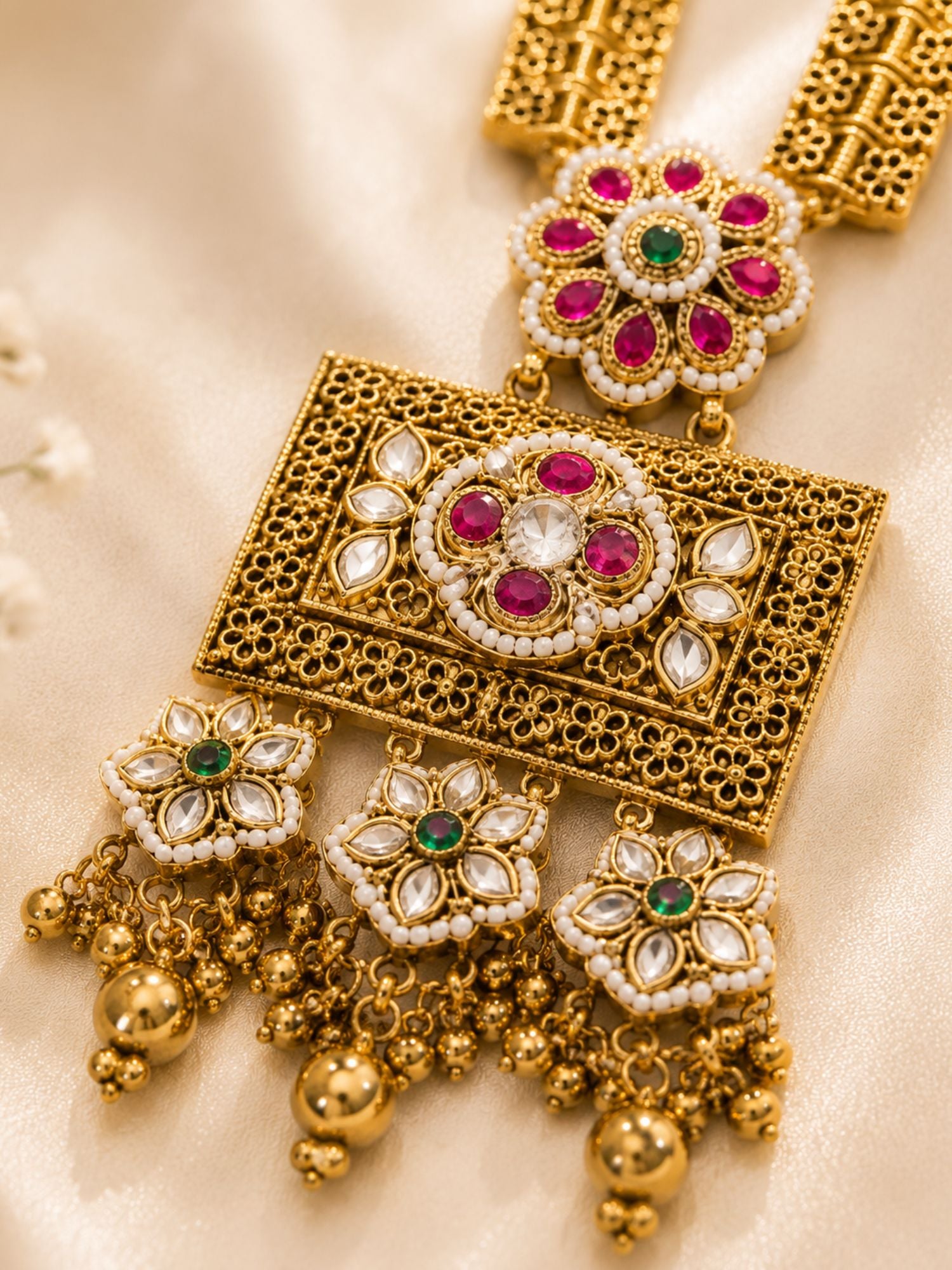 Antique Gold Ahmedabadi Polki Long Flower Necklace Set | Abdesigns