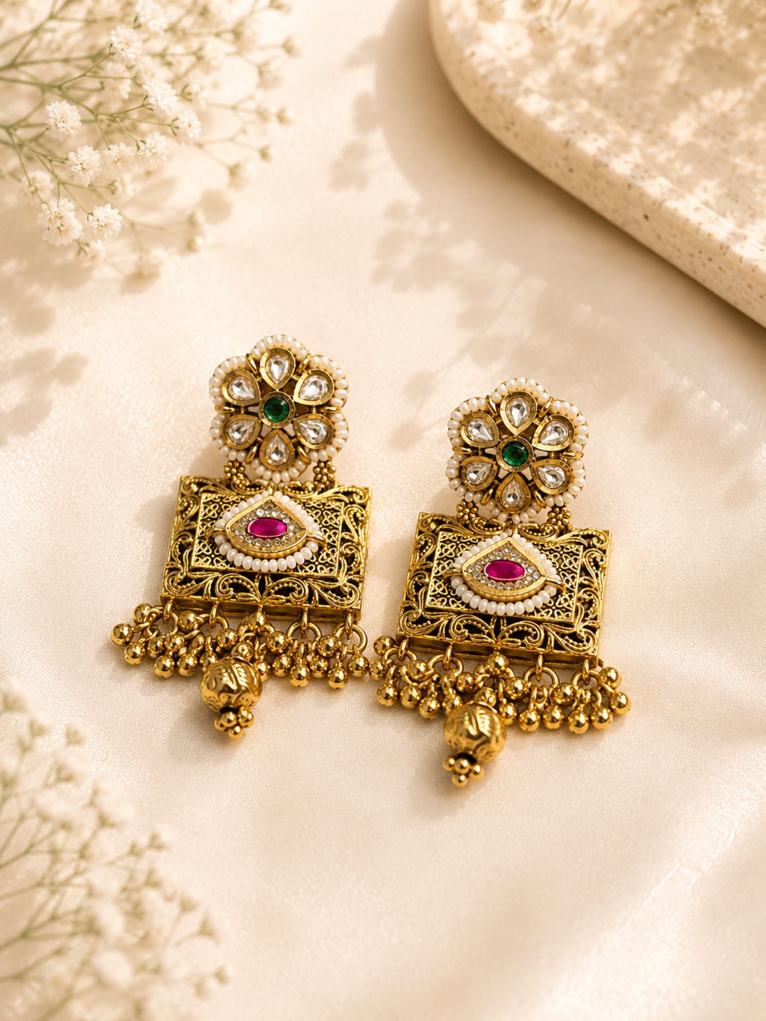 Antique Gold Ahmedabadi Polki Long Flower Necklace Set | Abdesigns