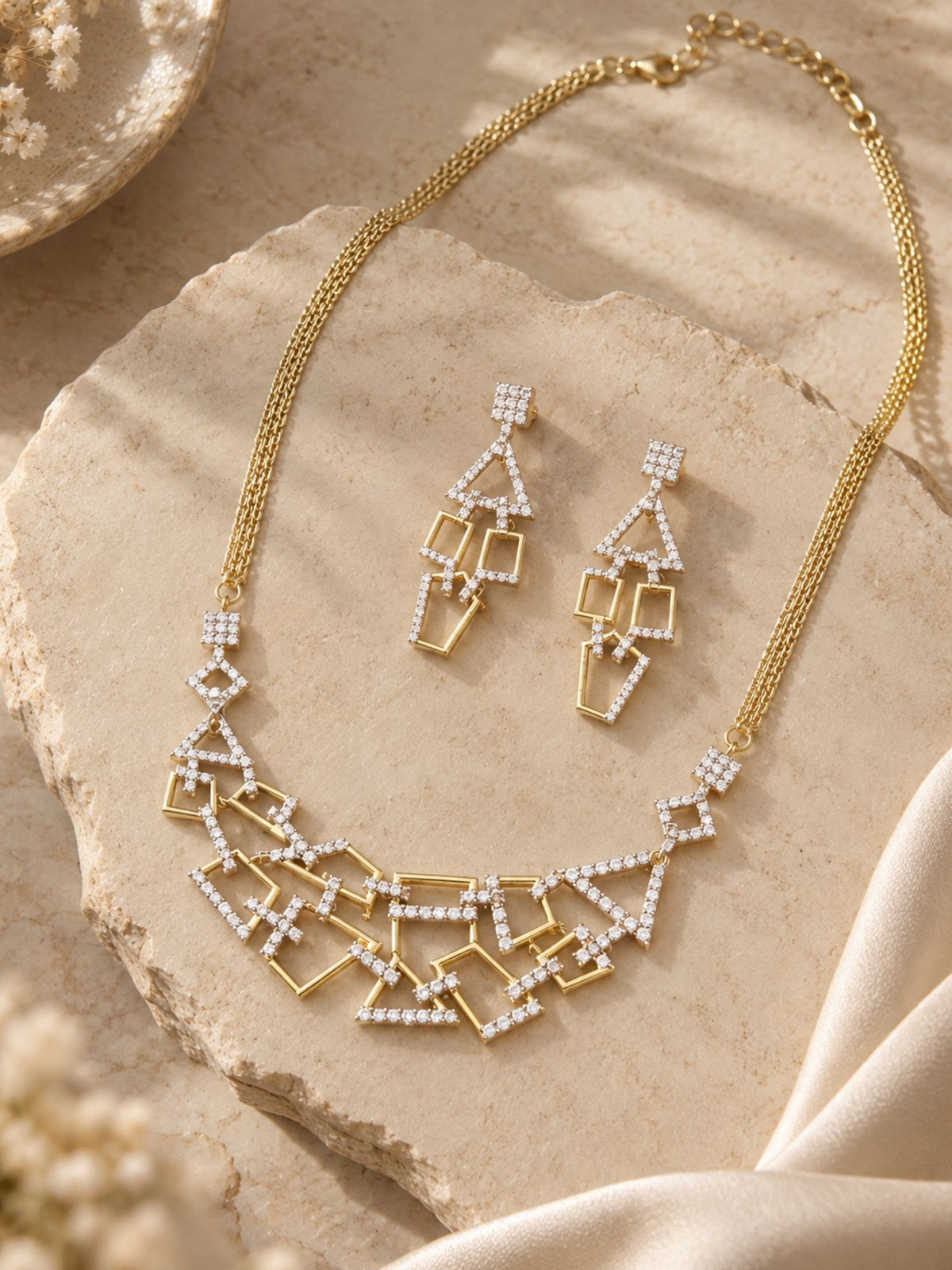 Dual Tone AD Stone Geometric Statement Necklace Set with Earrings