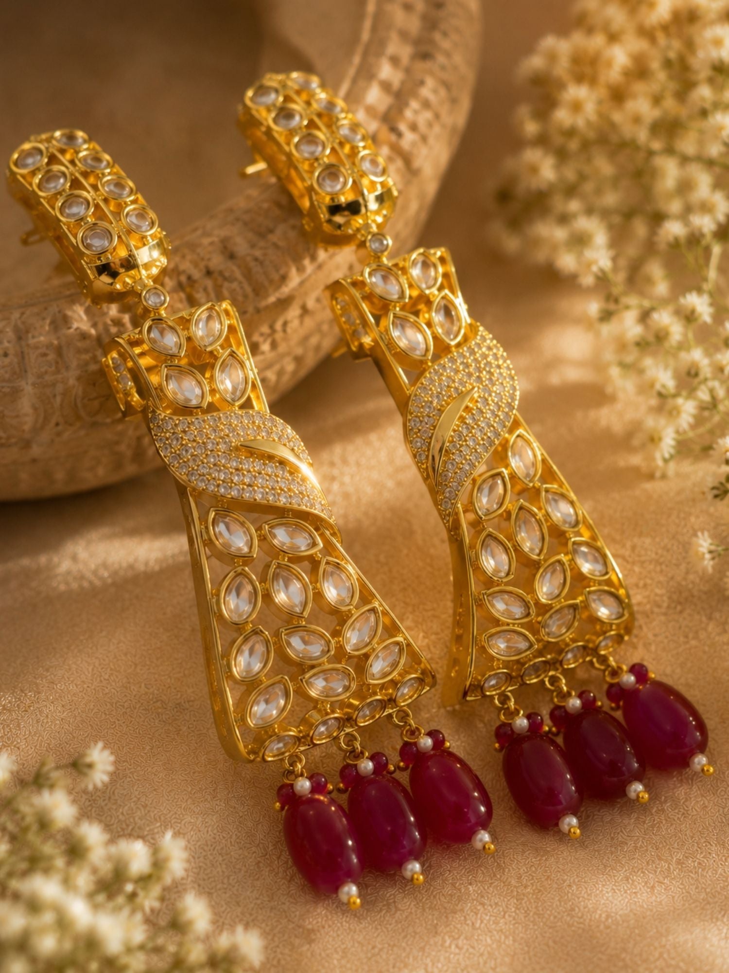Ruby Kundan Drop Earrings in Gold Finish – Party Wear | Abdesigns Jewellery