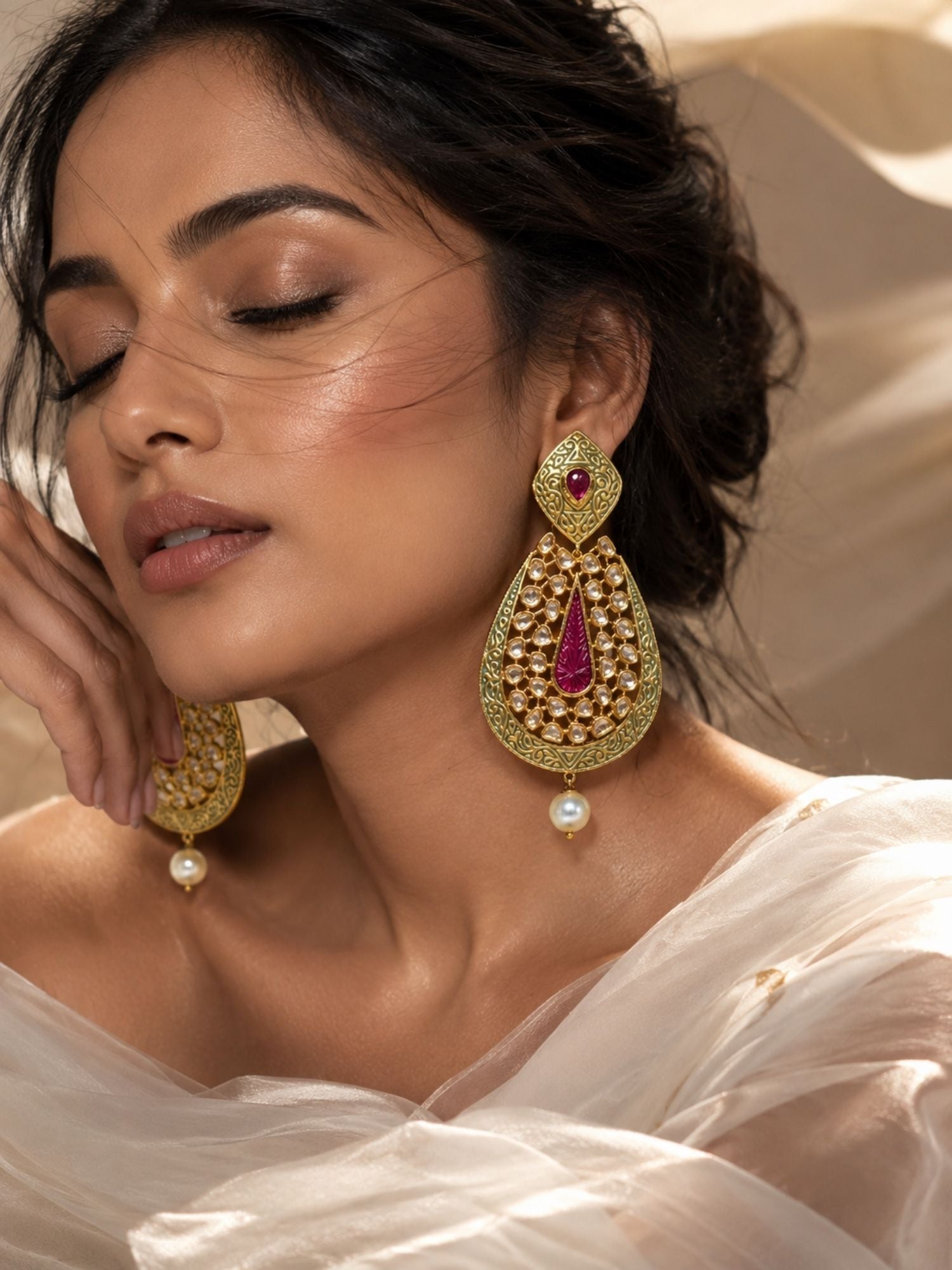 Ruby Green Kundan Statement Earrings – Pearl Drop Ethnic Earrings | Abdesigns Jewellery