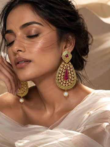 Ruby Green Kundan Statement Earrings – Pearl Drop Ethnic Earrings | Abdesigns Jewellery