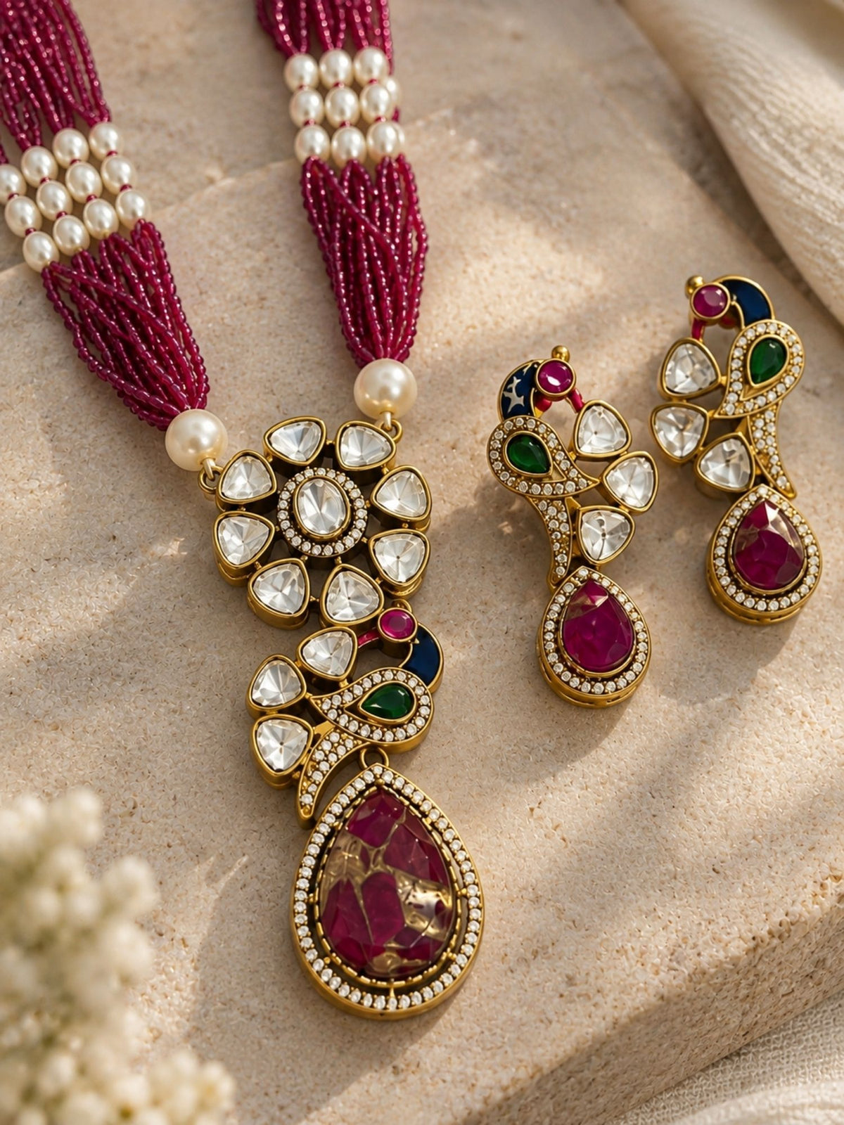 Gold Plated Kundan Polki Peacock Pearl Mala Necklace Set | Abdesigns Jewellery