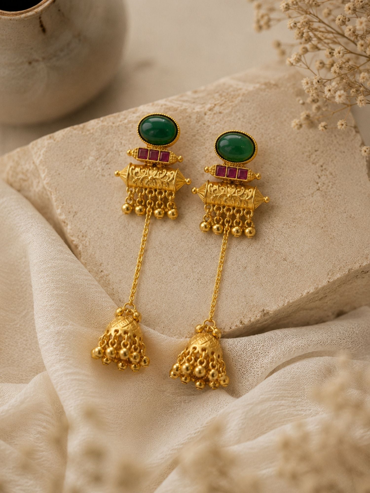 Jhumka Earrings in Gold Plating – Long Chain | Abdesigns