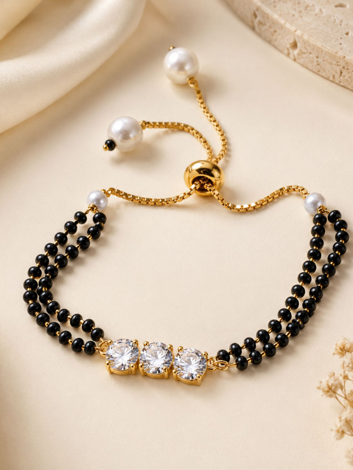 Gold Plated Triple Stone Hand Mangalsutra Bracelet for Women