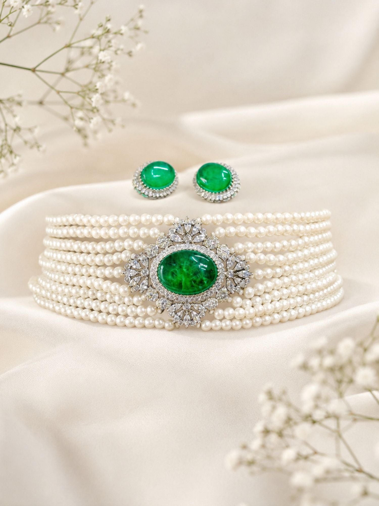 Emerald Pearl Choker Necklace Set in Silver Plating | Abdesigns