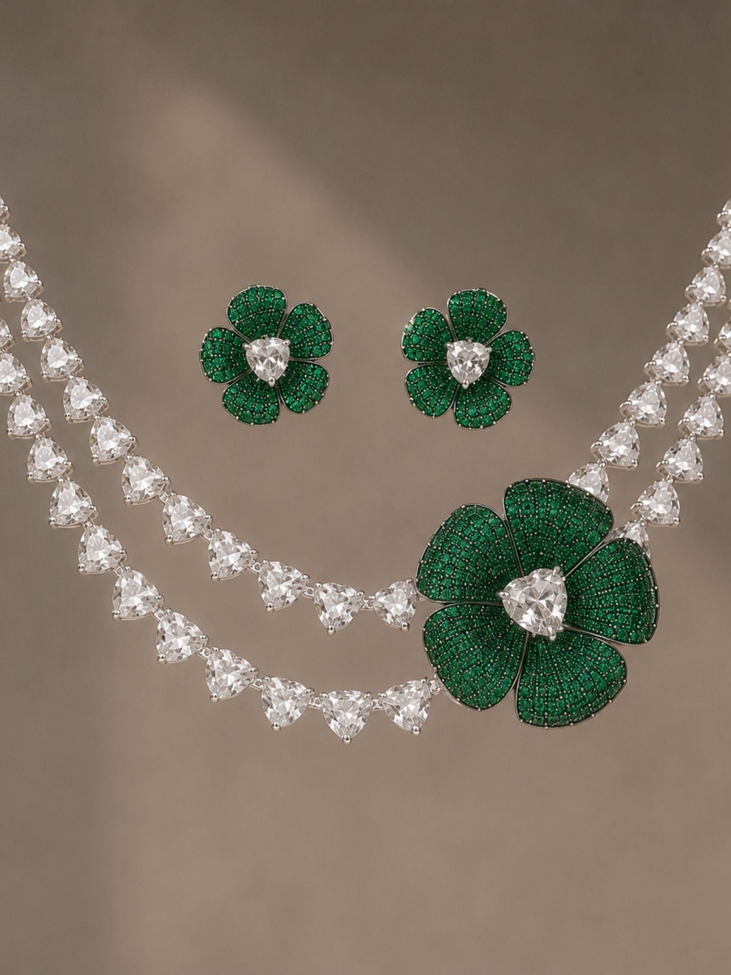 Emerald Bloom Floral Necklace Set with Crystal Petal Drops - necklace by Abdesigns Jewellery