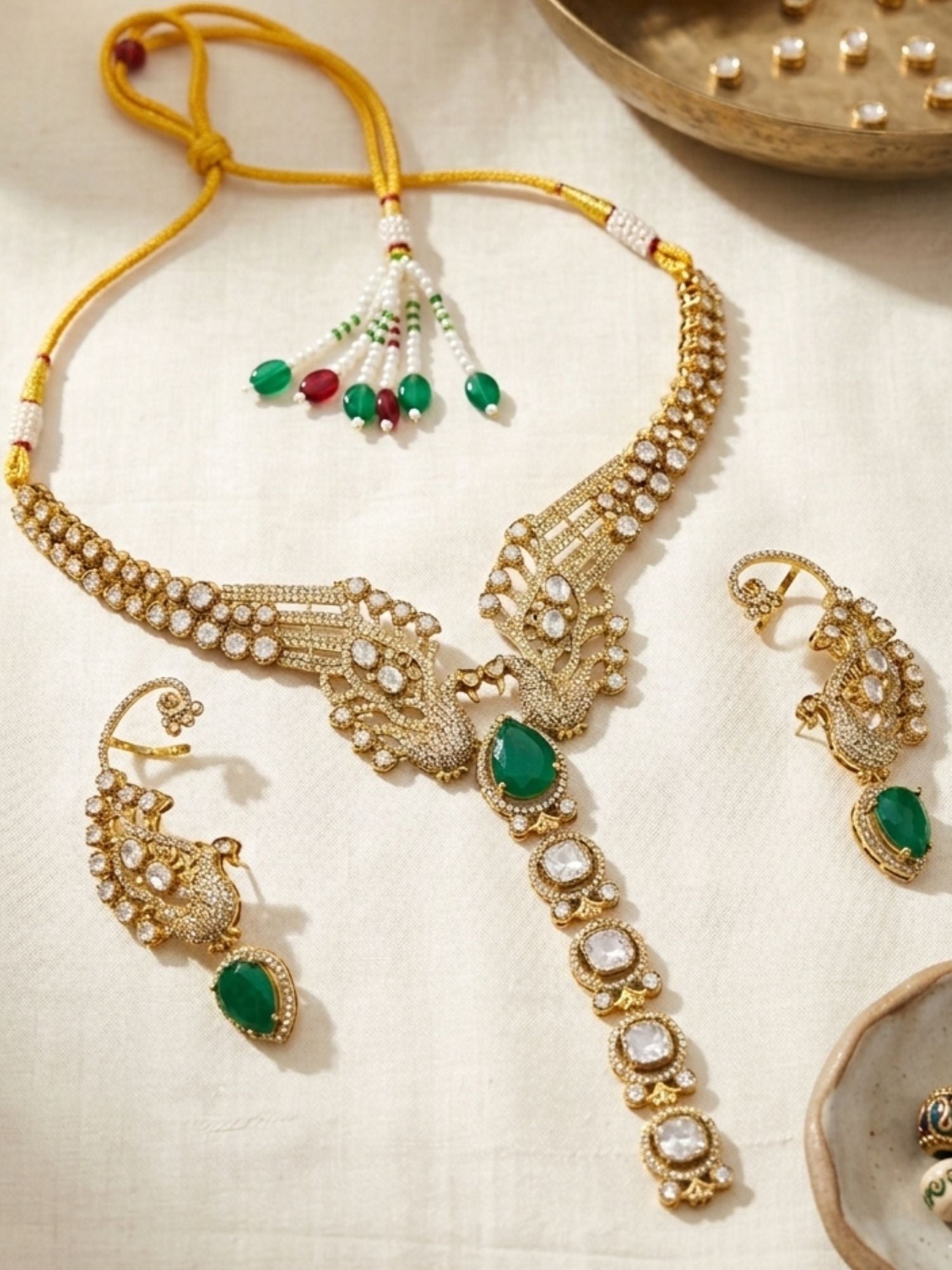 Abdesigns Peacock Design Kundan Necklace Set with Green Stone