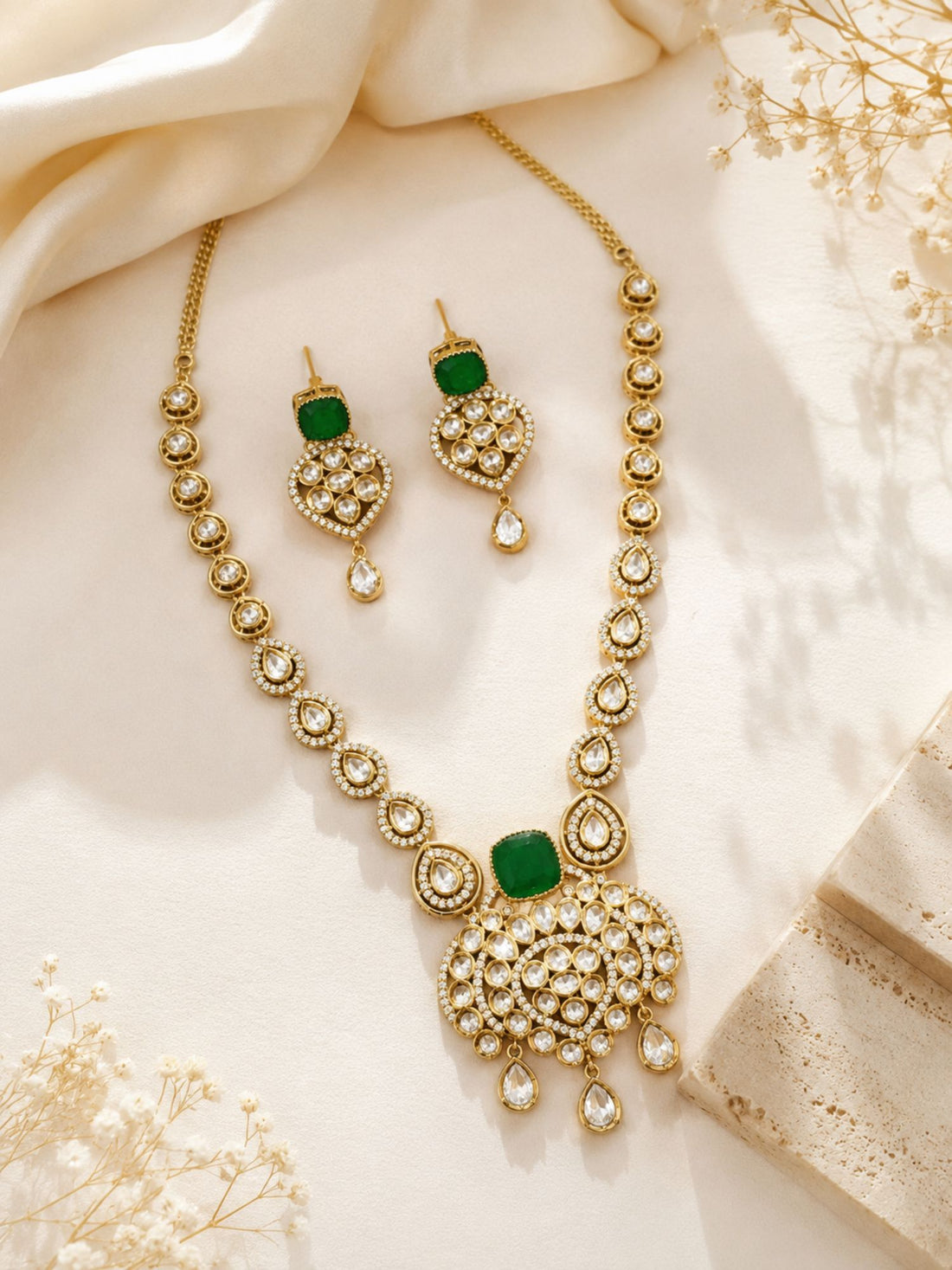 Green Kundan Pendant Necklace Set in Gold Plating | Abdesigns