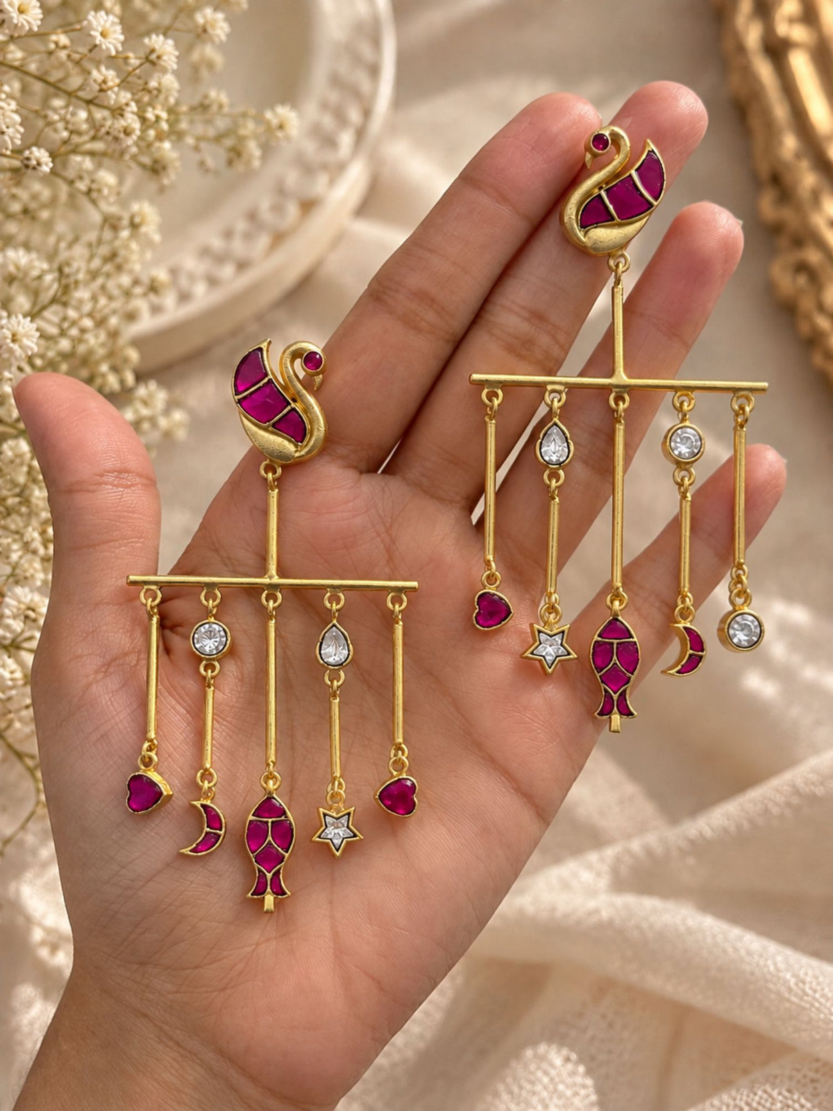 Gold Plated Pink Meenakari Charm Long Statement Earrings for Women