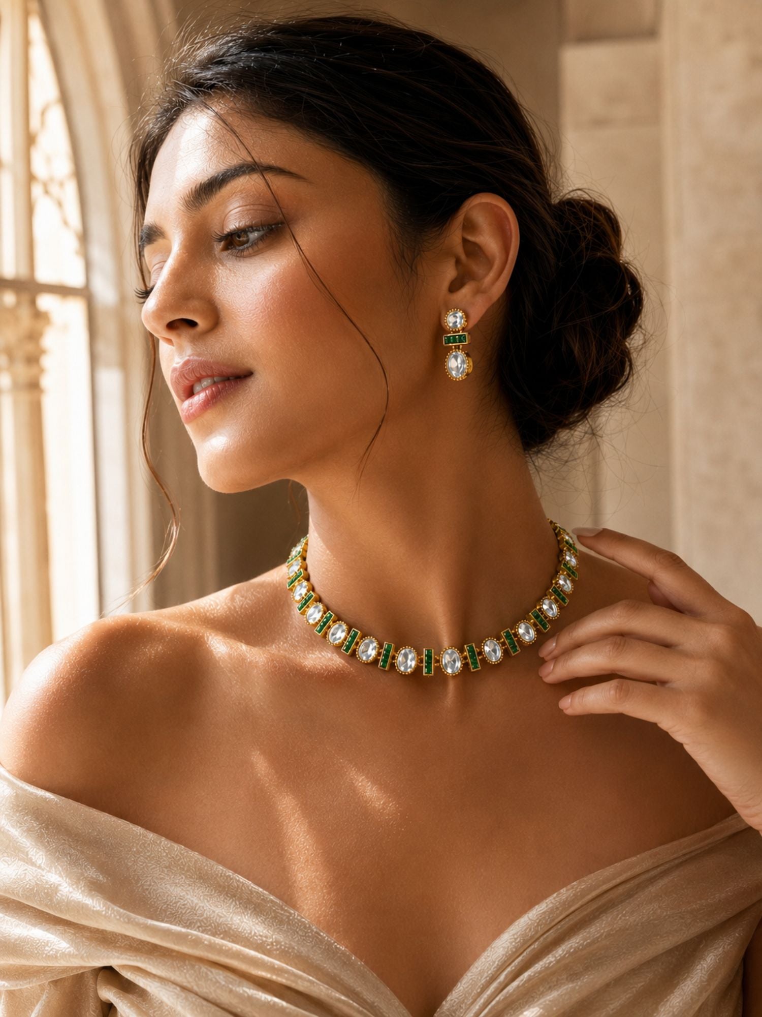 Gold Plated Ruby Emerald Stone Polki Statement Necklace Set for Women | Abdesigns