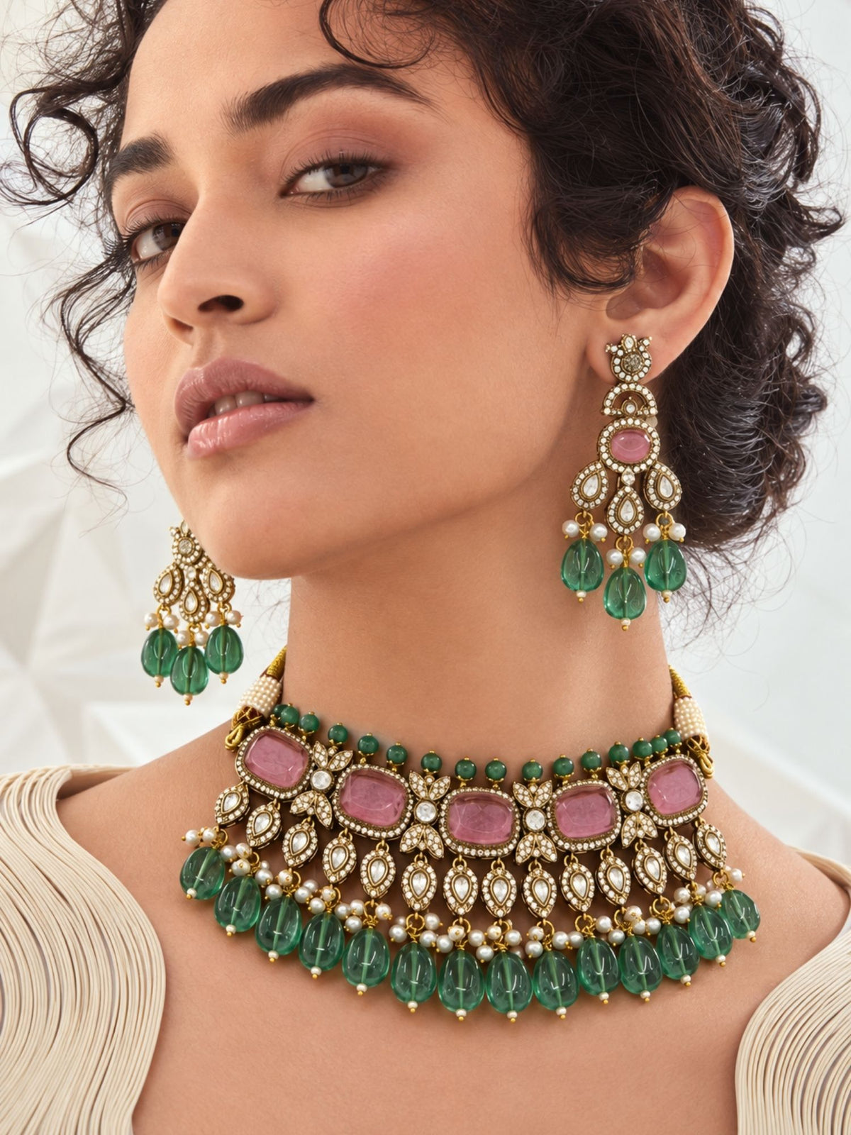 Pink Stone Green Bead Kundan Choker Necklace Set with Earrings