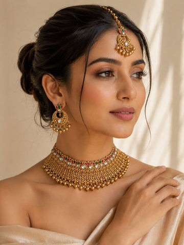 Abdesigns Traditional Gold Temple Jewelry Set with Maang Tikka