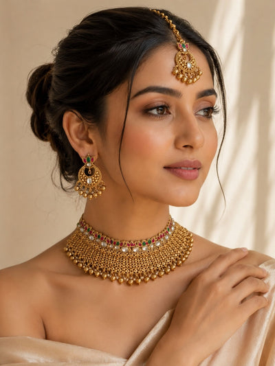 Abdesigns Traditional Gold Temple Jewelry Set with Maang Tikka