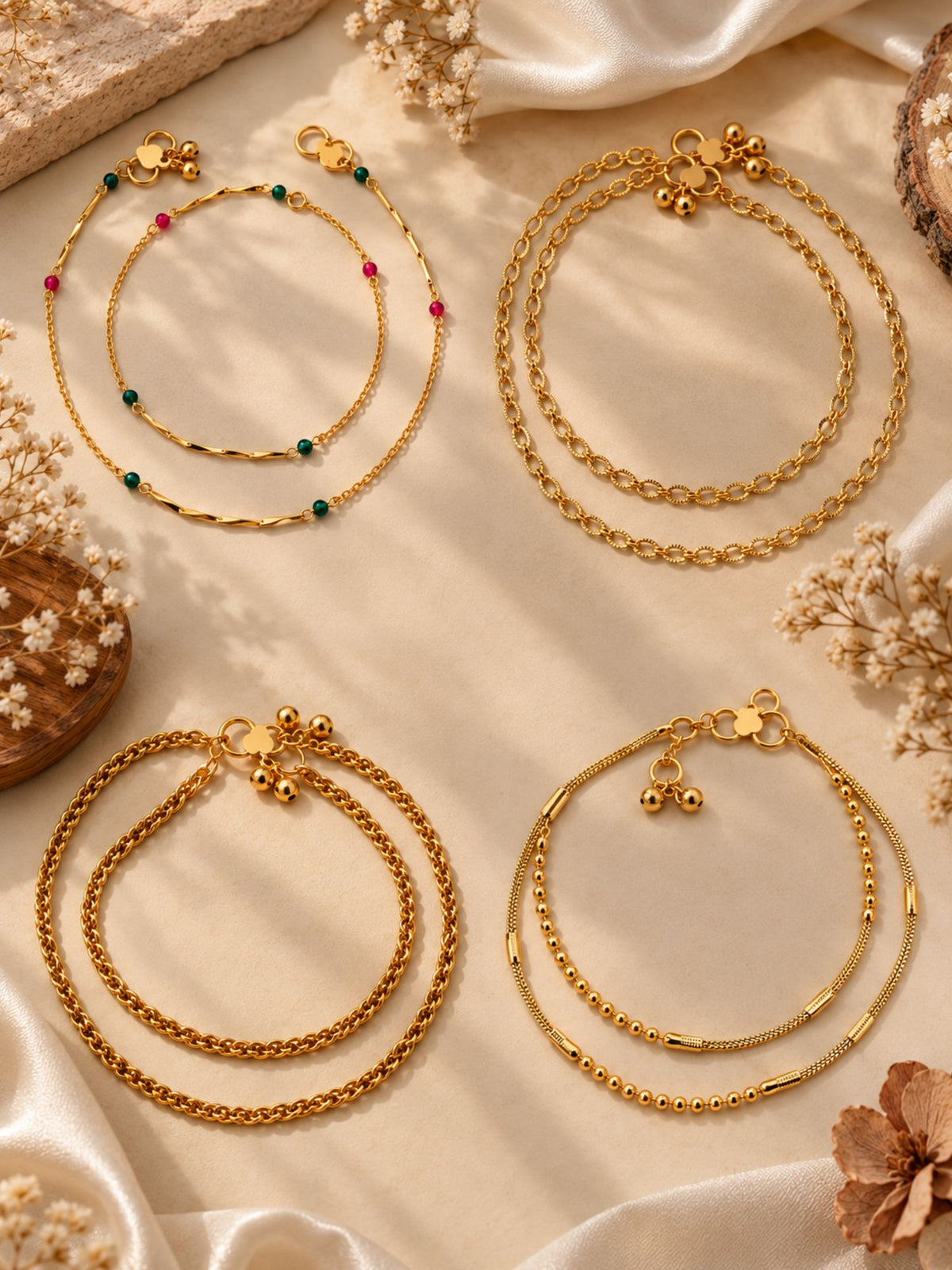 Combo Of 4 Gold Plated Minimal Chain Payal Anklets for Women