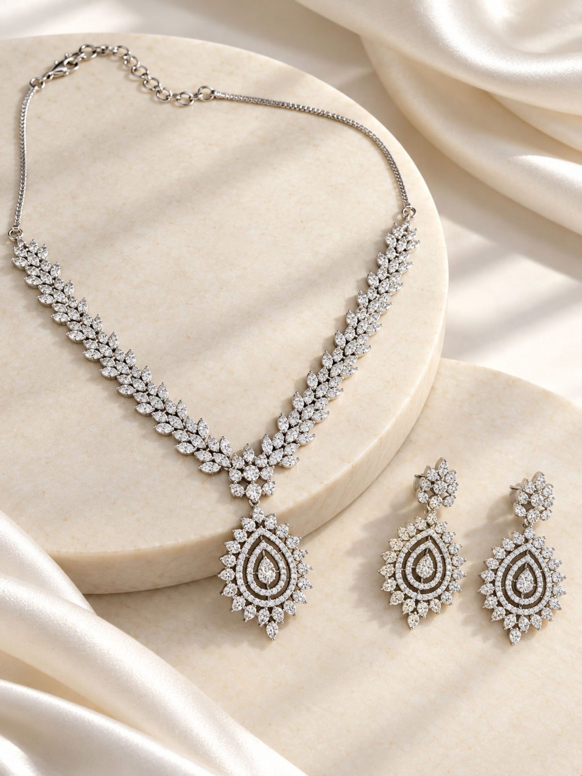 Silver Plated AD Stone Leaf Teardrop Necklace Set with Earrings for Women
