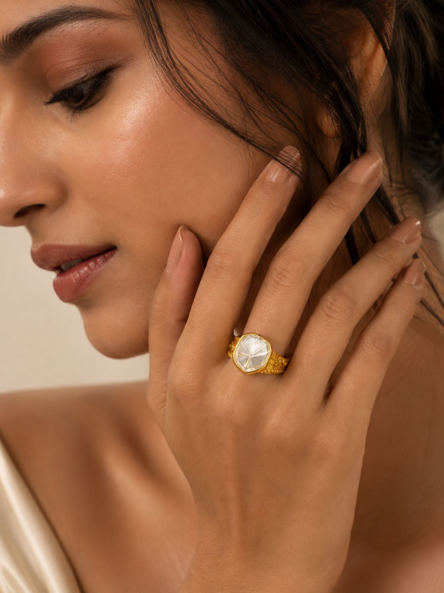 Designer Gold Finish Uncut Polki Stone Ring