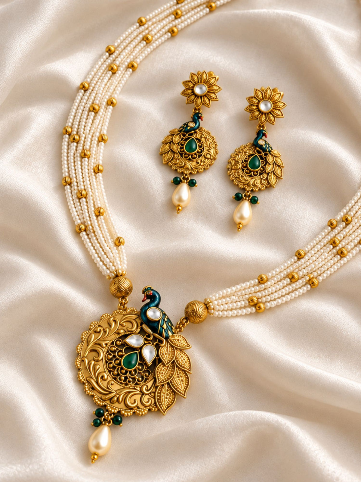 Antique Gold Plated Peacock Kundan Pearl Necklace Set