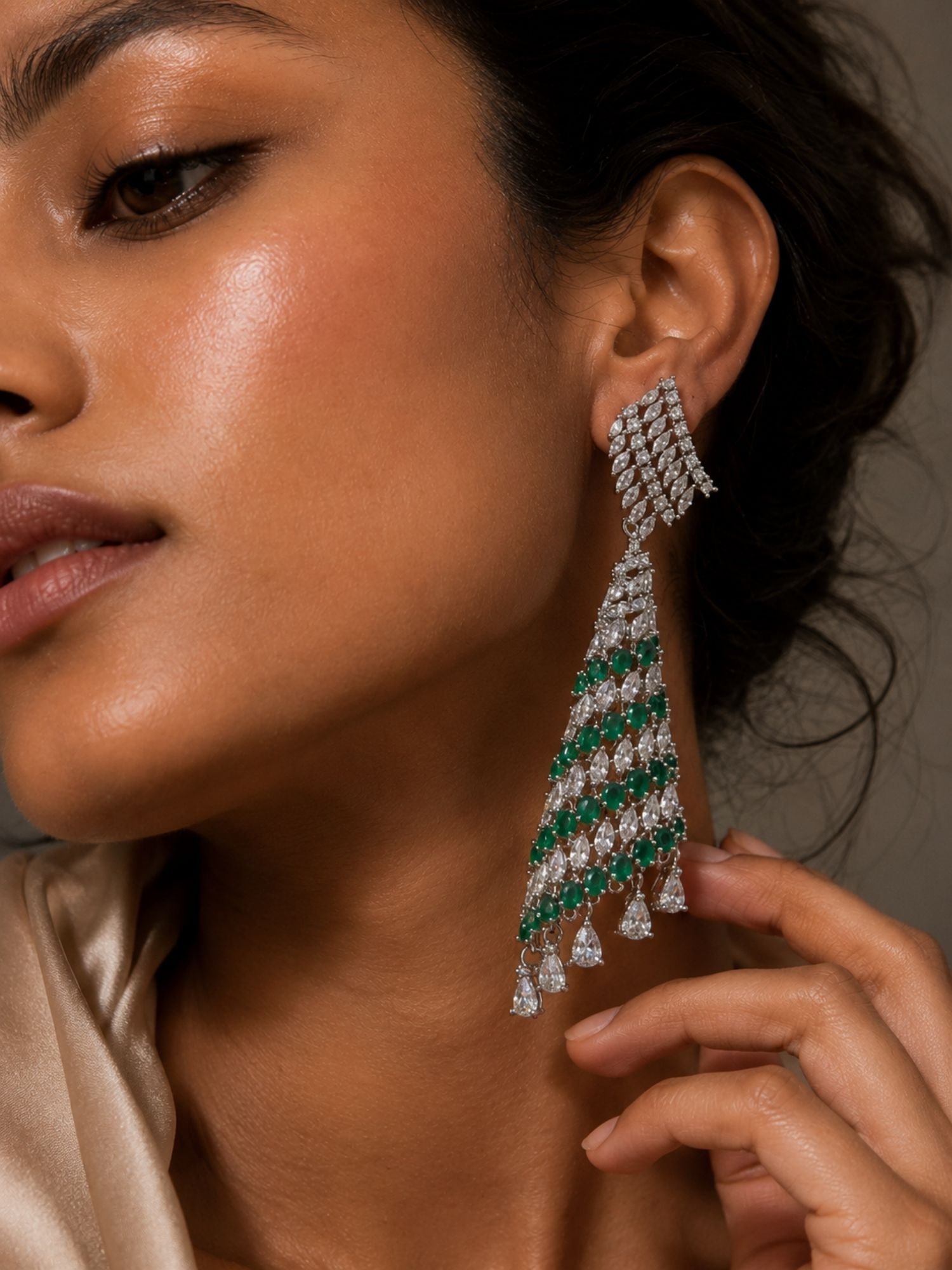 Emerald Green CZ Long Earrings in Silver Finish – Party Wear - earrings by Abdesigns Jewellery