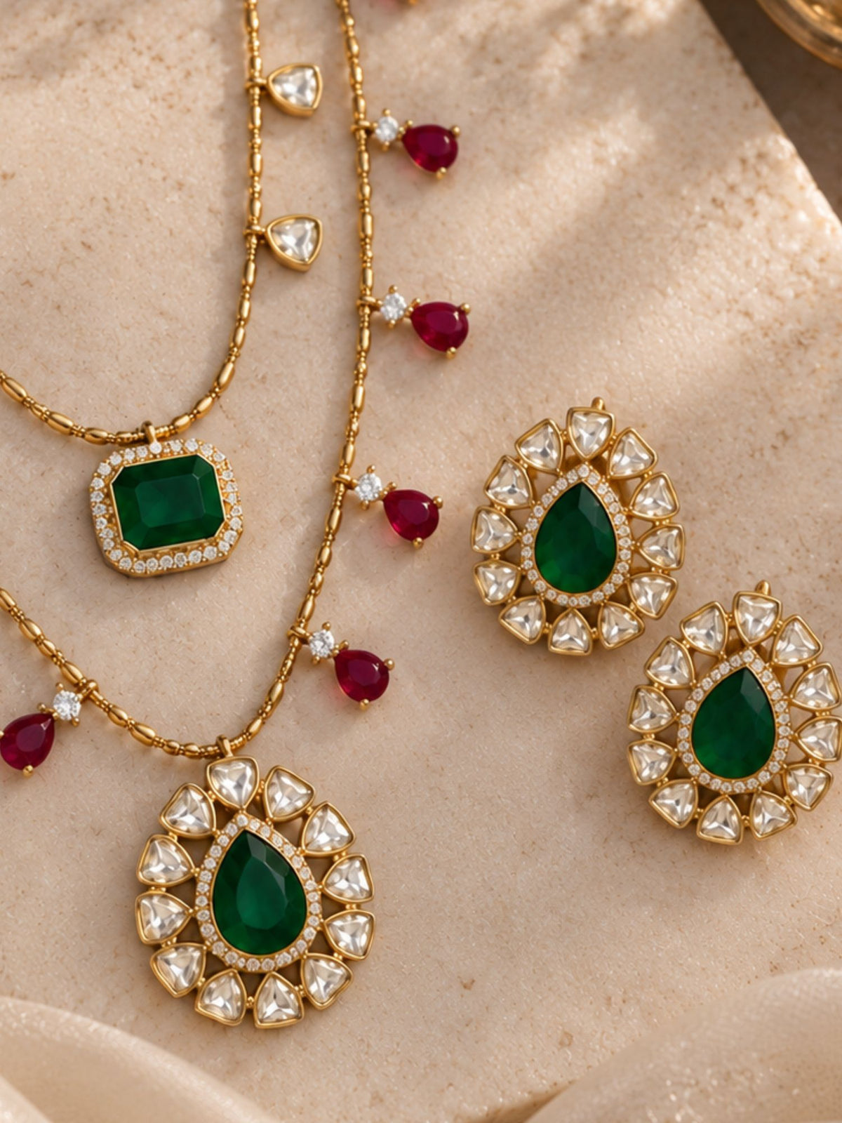 Gold Plated Multicolor Kundan Layered Necklace Set with Earrings