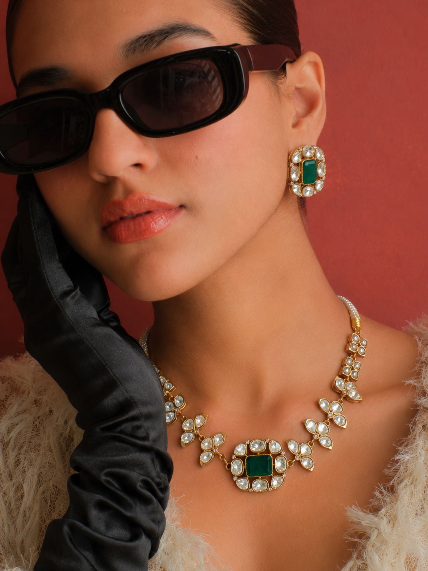 Gold Plated Green Kundan Floral Necklace Set for Women