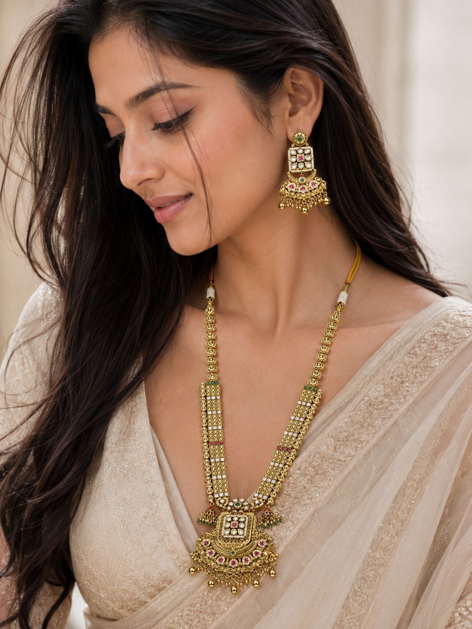 Gold Multicolour Ruby Green Stones Kundan Long Necklace Set  | Abdesigns