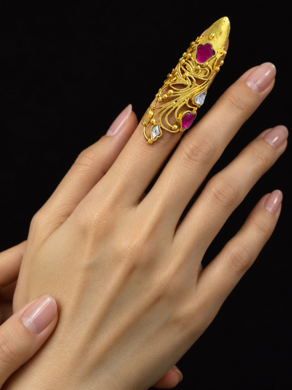 Gold Plated Ruby Kundan Filigree Nail Ring for Women