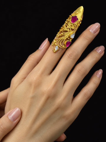 Gold Plated Ruby Kundan Filigree Nail Ring for Women