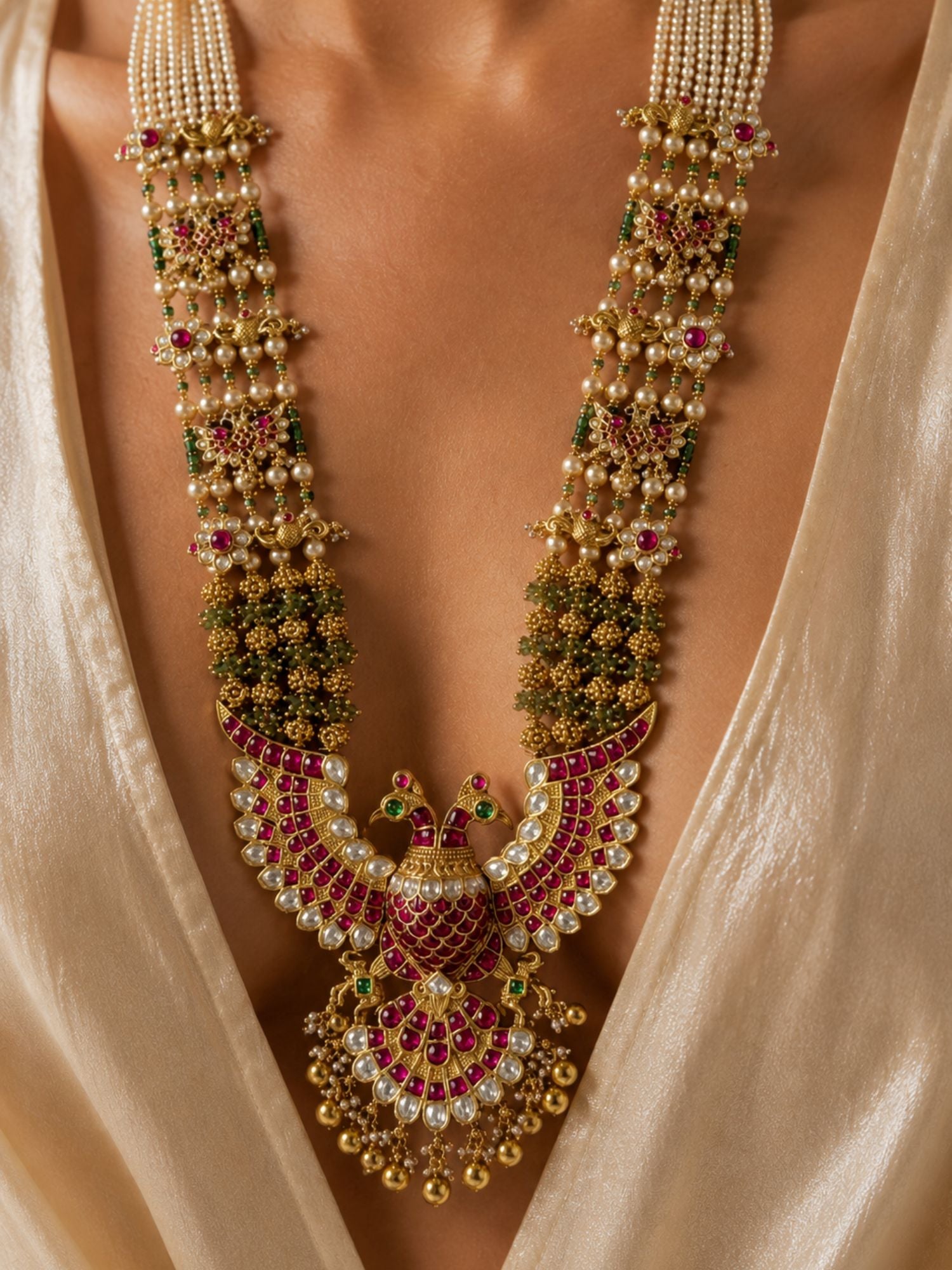 Abdesigns Royal Peacock Kundan Necklace Set with Pearl Layers & Emerald Accents