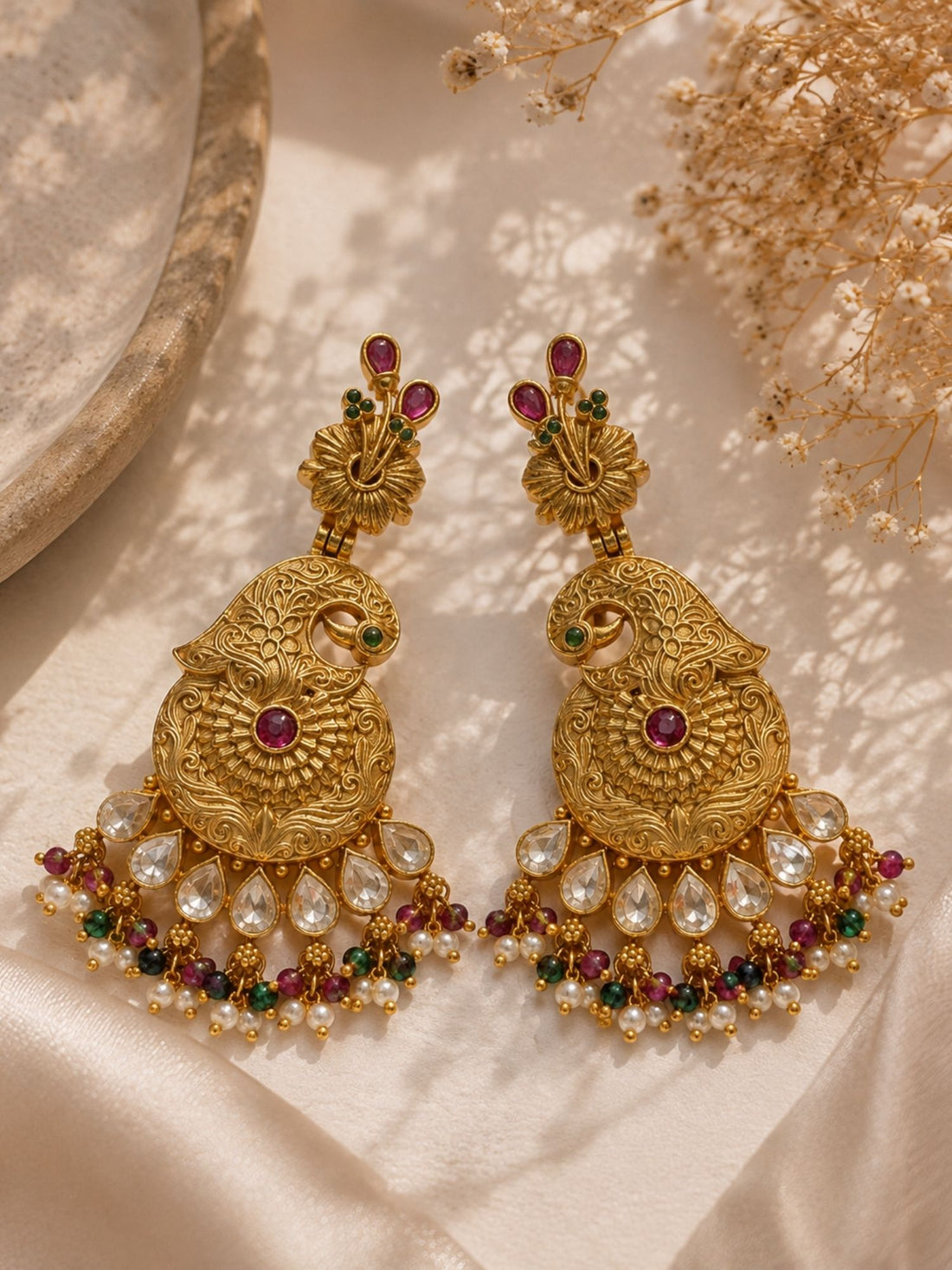 Antique Gold Plated Multicolor Kundan Peacock Statement Earrings for Women