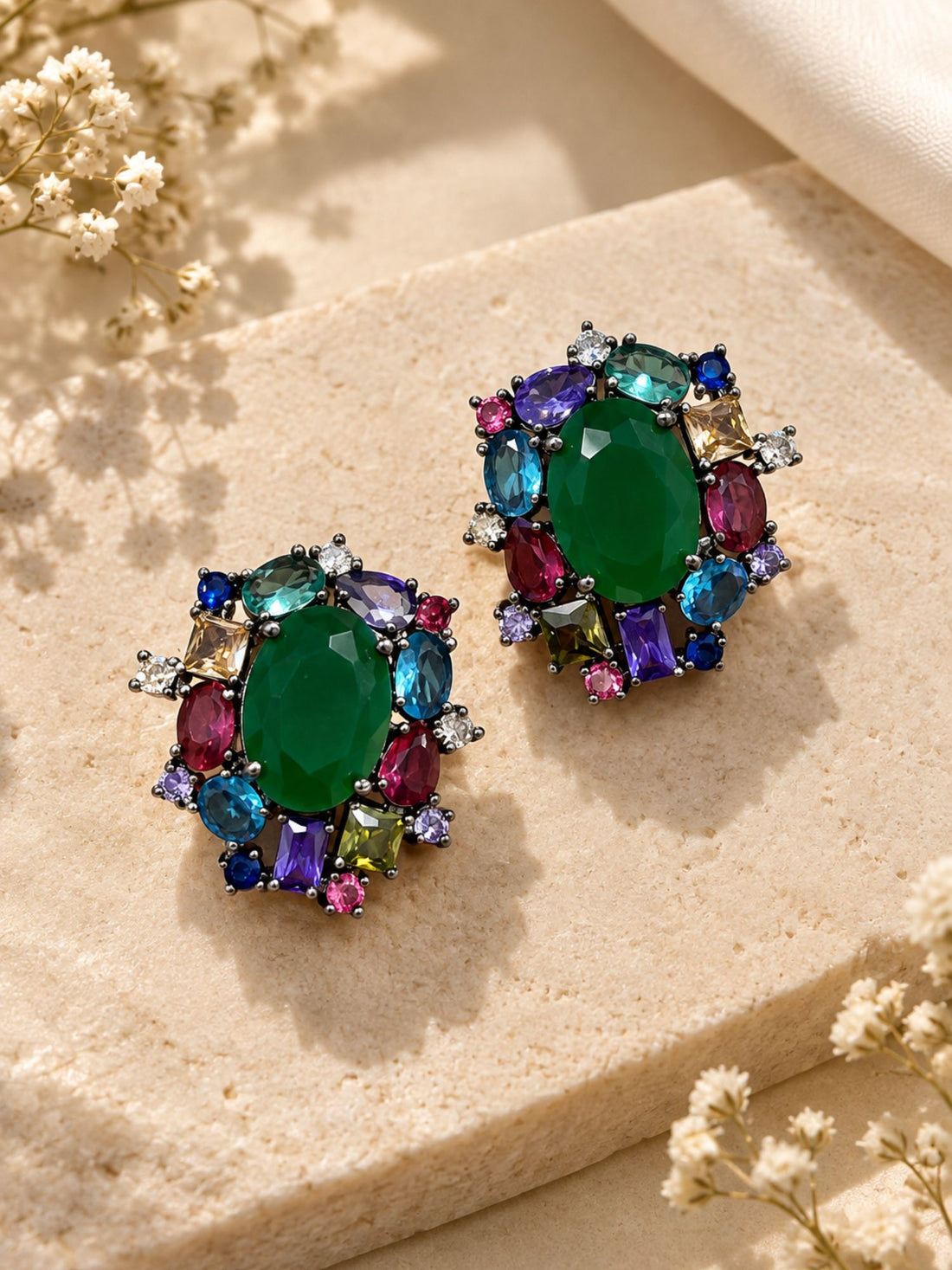 Silver Black Rhodium Plated Multicolor Crystal Oval Statement Earrings