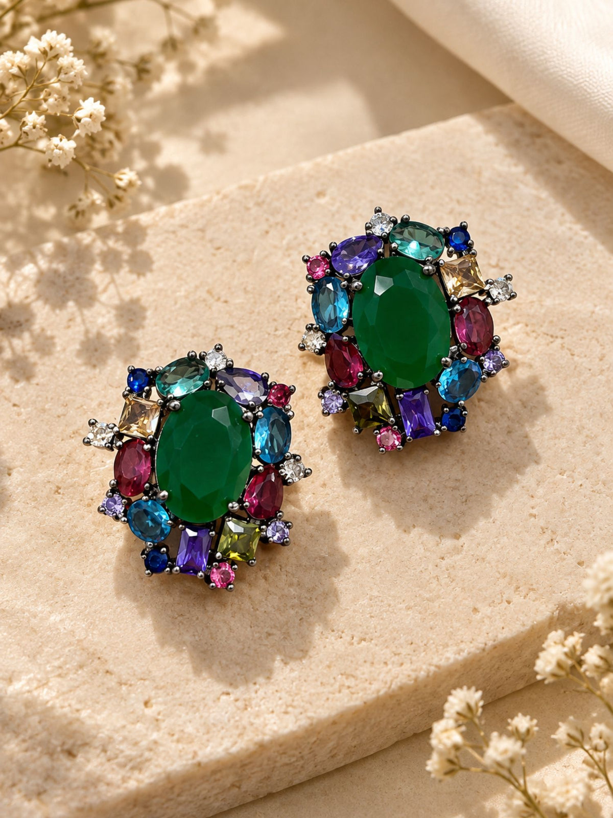 Silver Black Rhodium Plated Multicolor Crystal Oval Statement Earrings