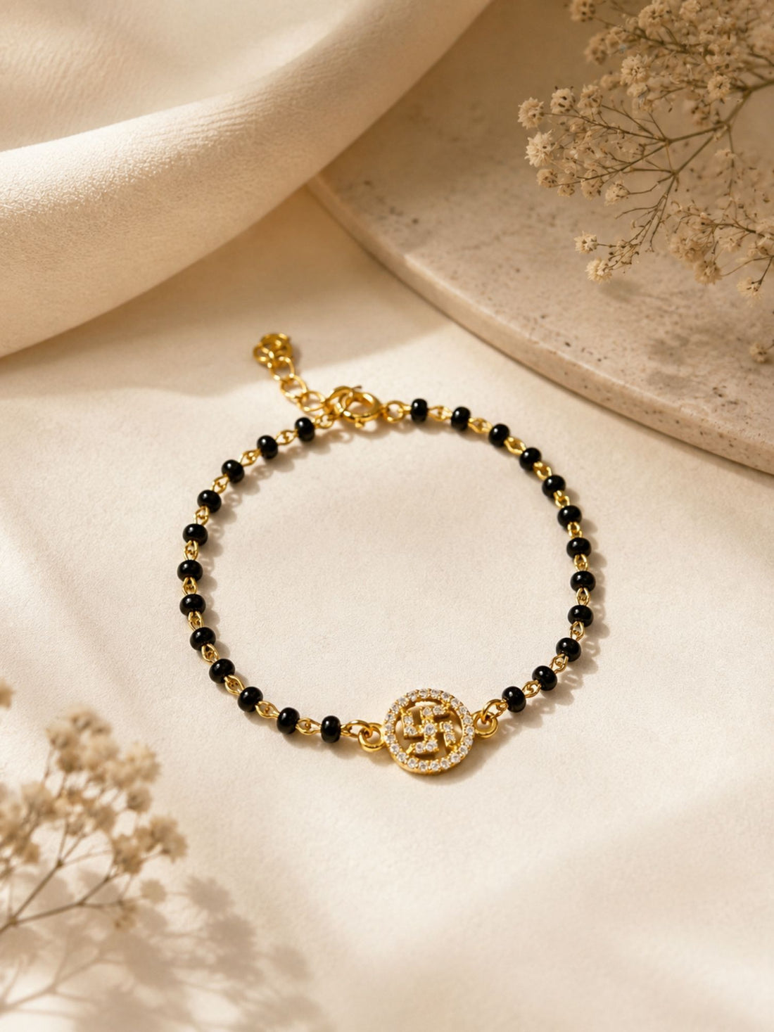 925 Sterling Silver Gold Plated Swastik Baby Nazariya Bracelet with CZ